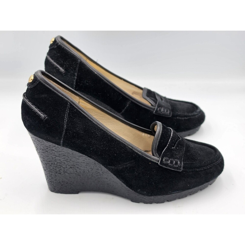 Michael Kors Rory Black Suede Leather Wedge Penny Loafer Platform Pumps Size 9